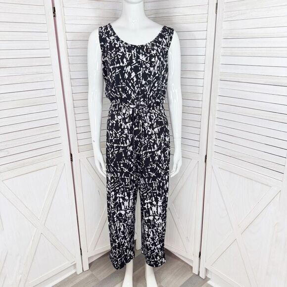 Calvin Klein Abstract Print Elastic Waist Wide Leg Sleeveless Jumpsuit Black 8 - Picture 1 of 13